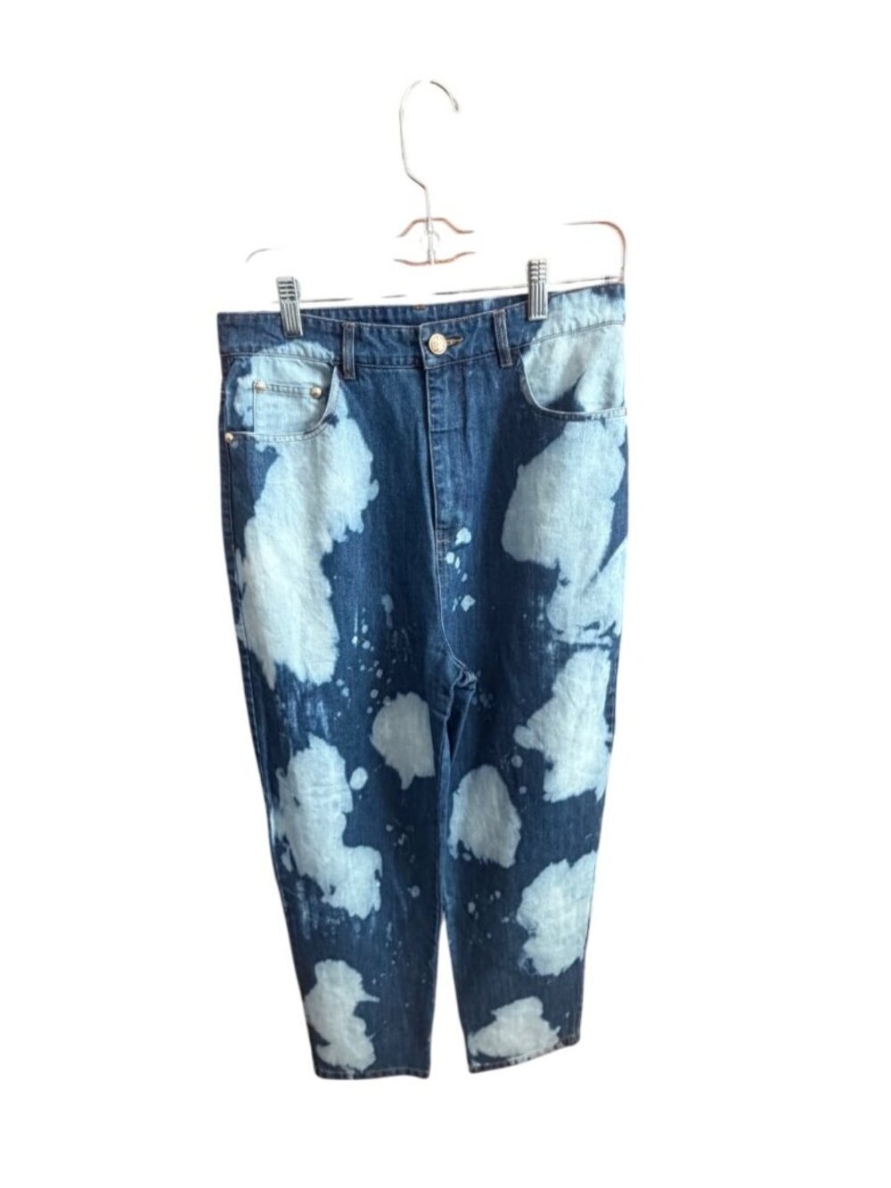 Fasiz&Vivi Womens Tie-Dye Denim Pants Large 100% Cotton High-Waist Casual Style